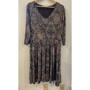 Peruvian Connection Dress Pima Cotton Modal Long Sleeve Blue Black Mauve Large L